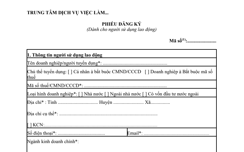 Phiếu đăng ký dành cho người sử dụng lao động