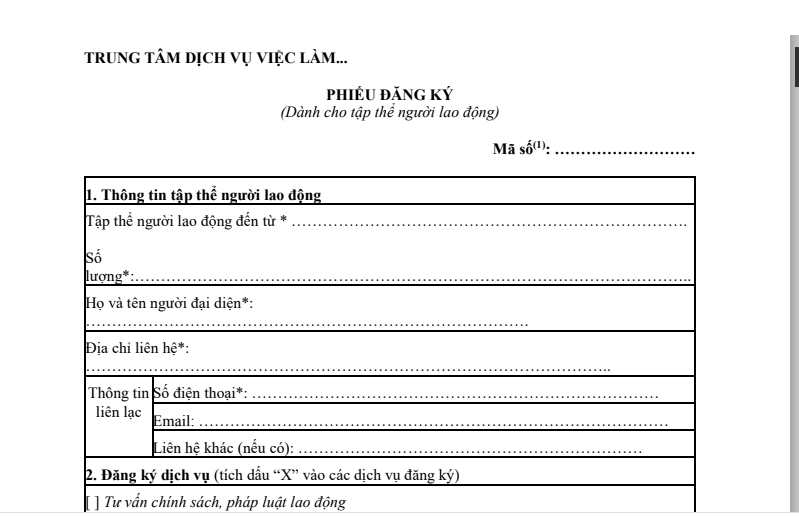 Phiếu đăng ký dành cho tập thể người lao động