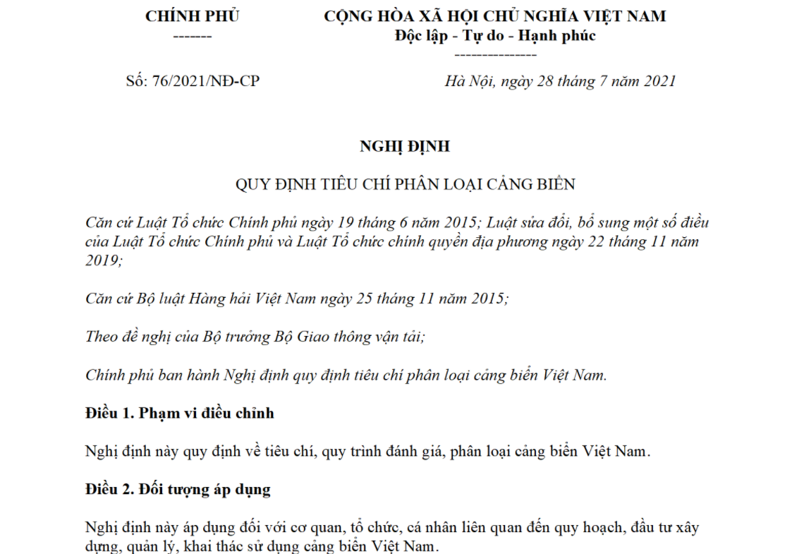 Nghị định 76/2021/NĐ-CP quy định về tiêu chí phân loại cảng biển