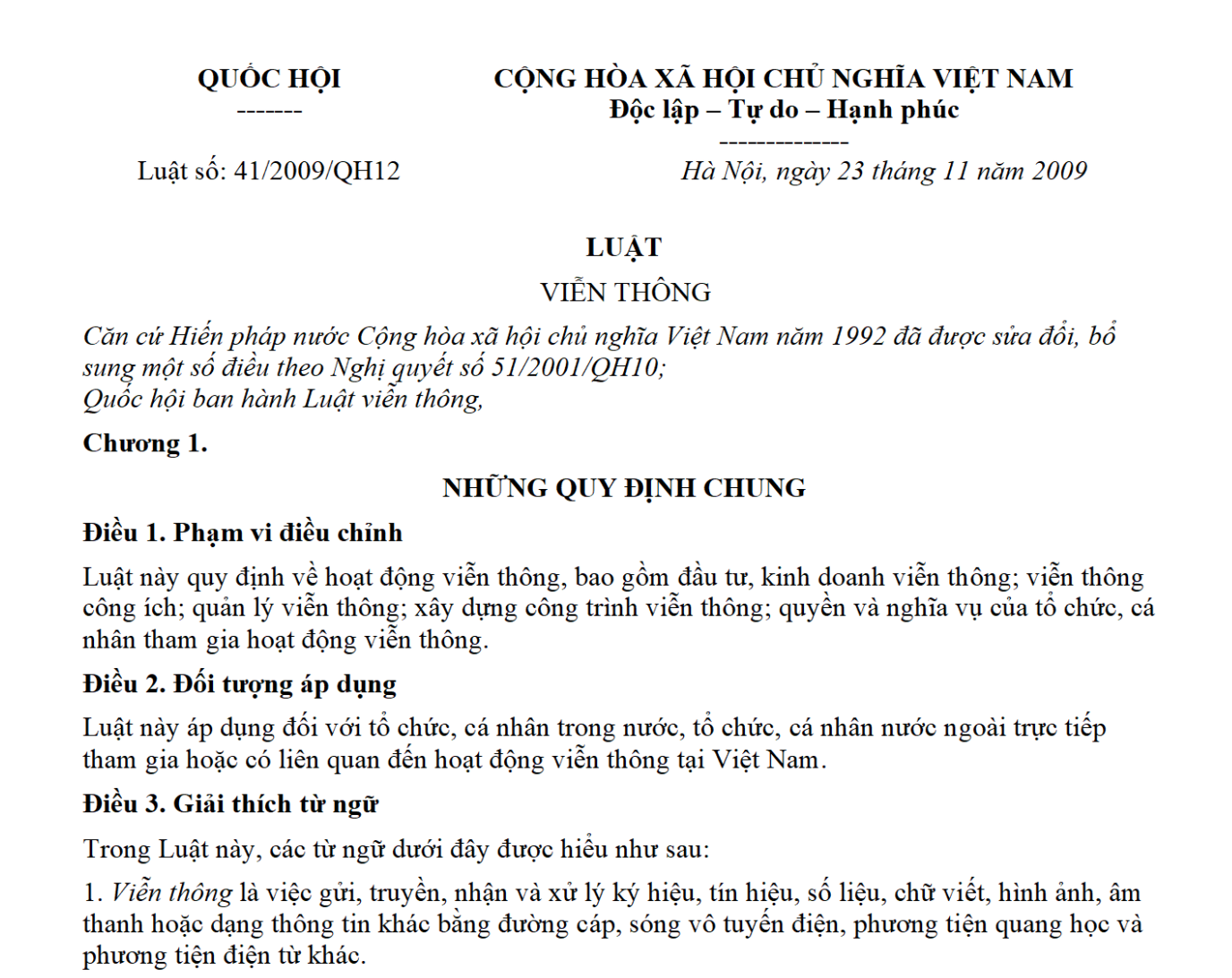 Luật viễn thông 2009 ban hành ngày 23/11/2009