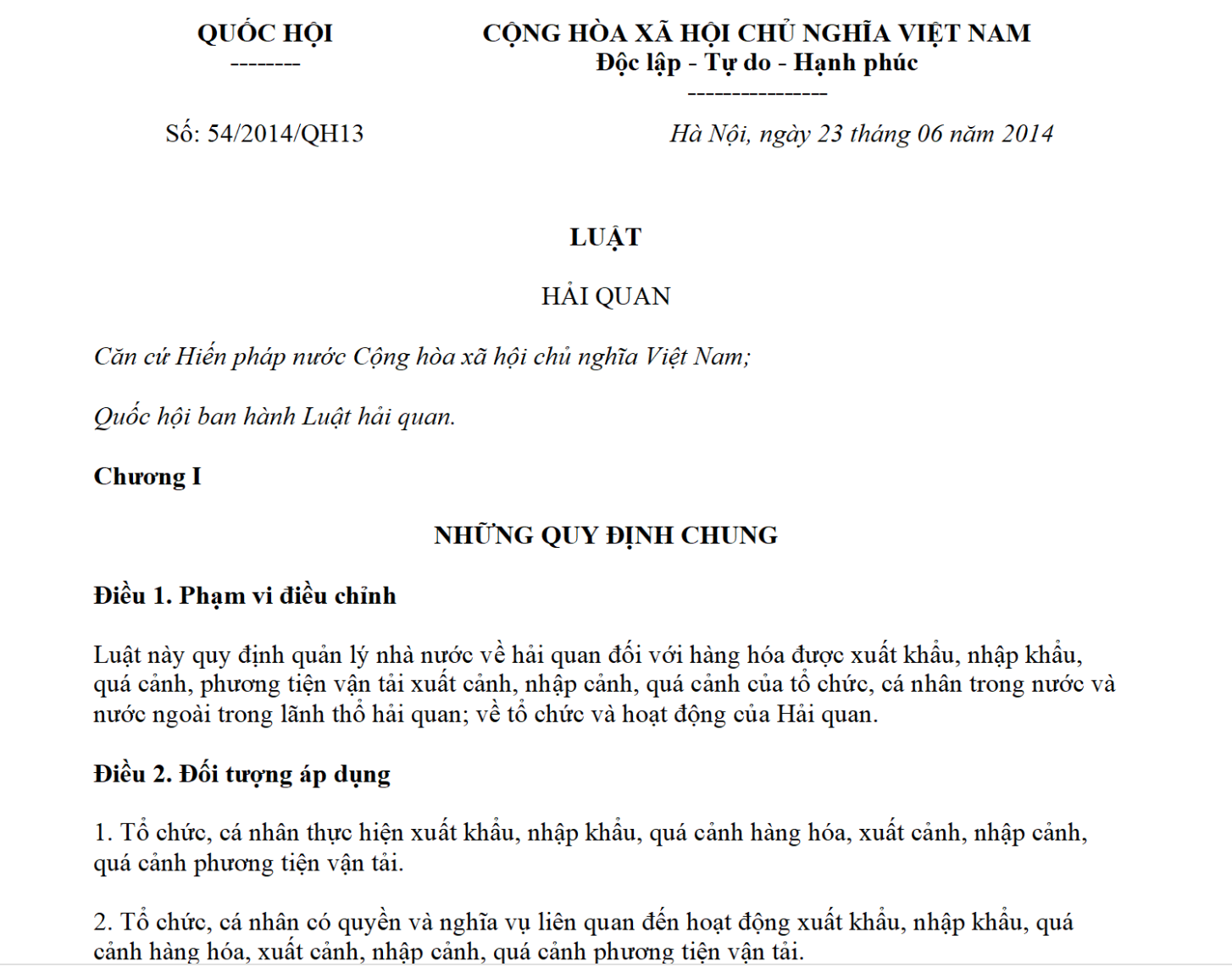 Luật hải quan 2014 ban hành ngày 23/06/2014