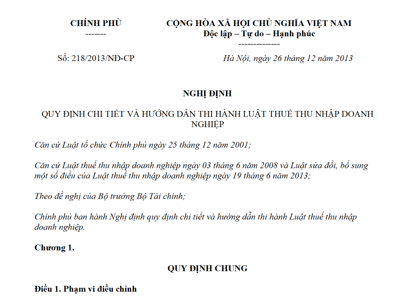 Nghị định 218/2013/NĐ-CP ban hành ngày 26/12/2013