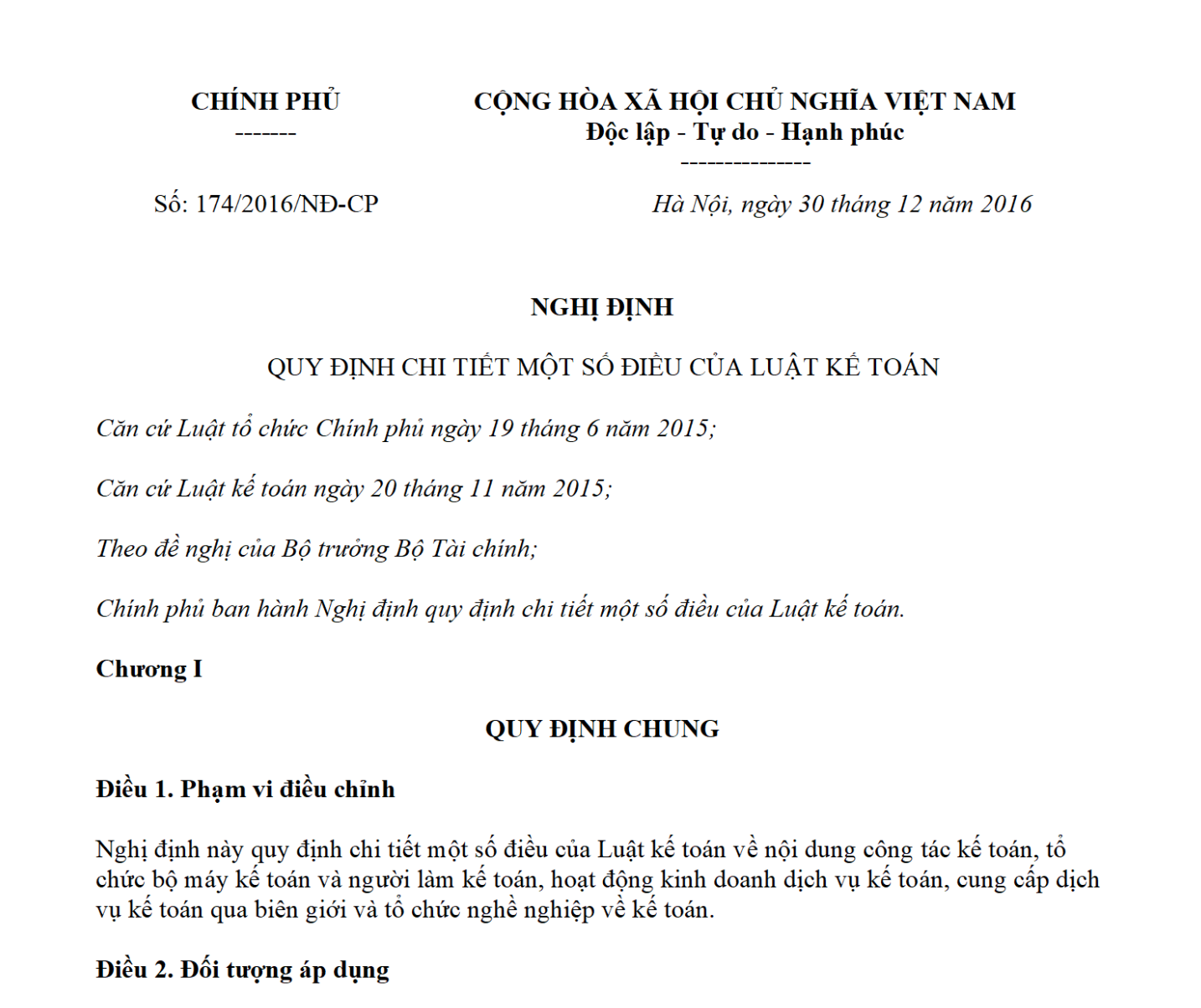 Nghị định 174/2016/NĐ-CP hướng dẫn Luật kế toán