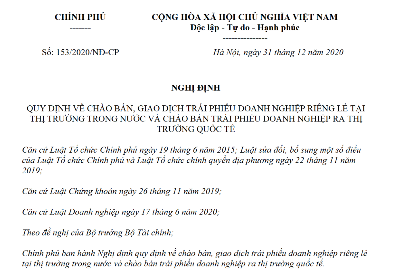Nghị định 153/2020/NĐ-CP ban hành ngày 31/12/2020