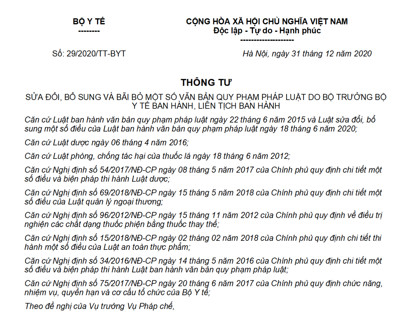 Thông tư 29/2020/TT-BYT ban hành ngày 31/12/2020