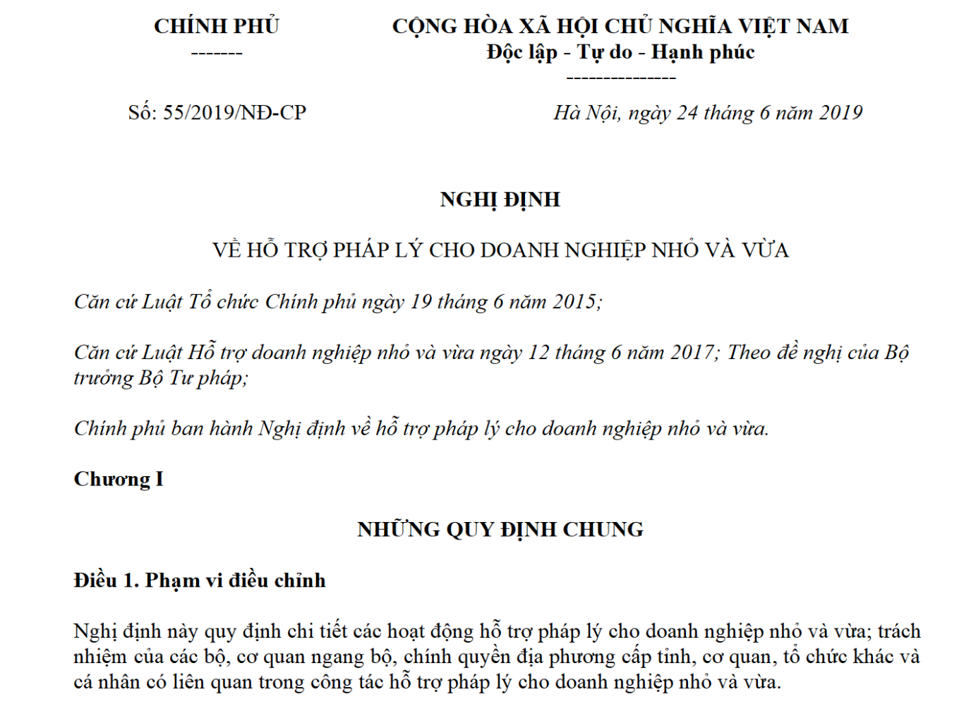 Nghị định 55/2019/NĐ-CP về hỗ trợ pháp lý cho doanh nghiệp nhỏ và vừa