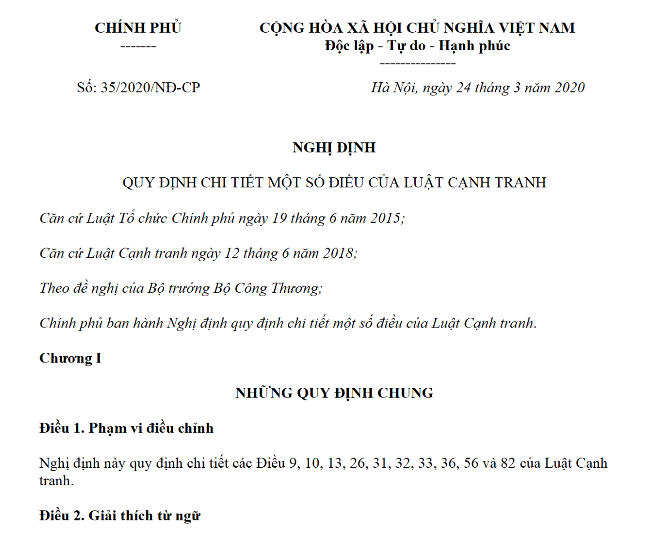 Nghị định 35/2020/NĐ-CP hướng dẫn Luật Cạnh tranh