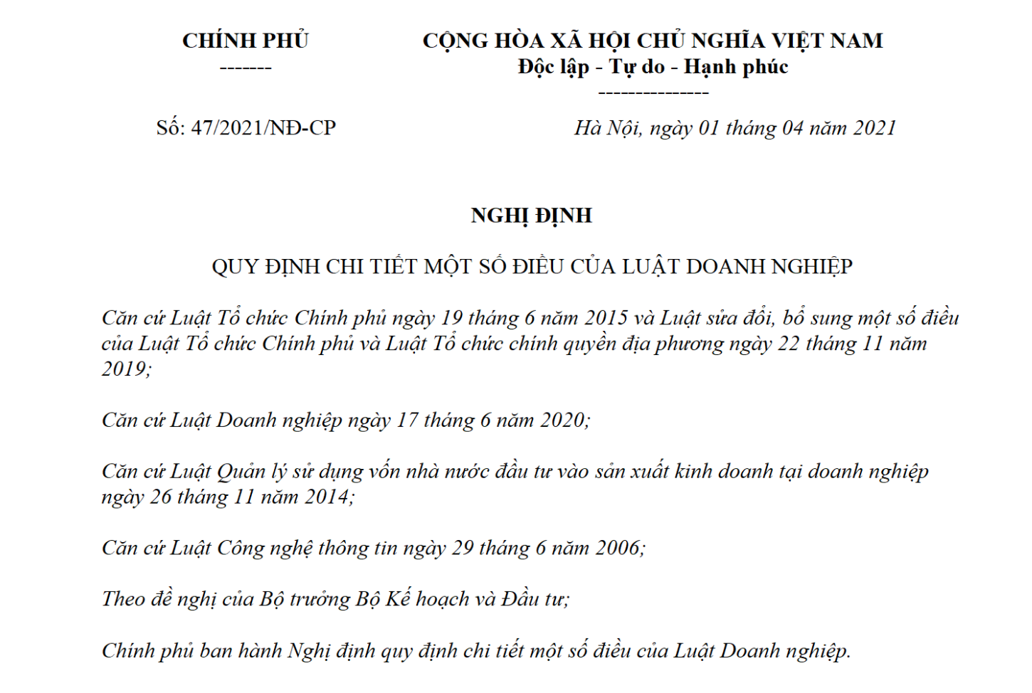 Nghị định 47/2021/NĐ-CP hướng dẫn Luật Doanh nghiệp