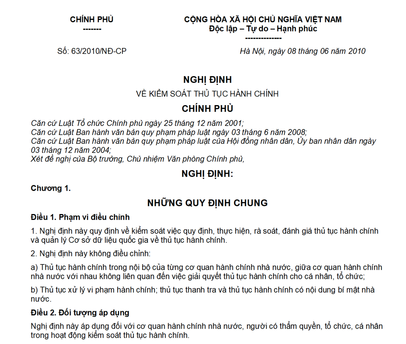 Nghị định 63/2010/NĐ-CP về kiểm soát thủ tục hành chính