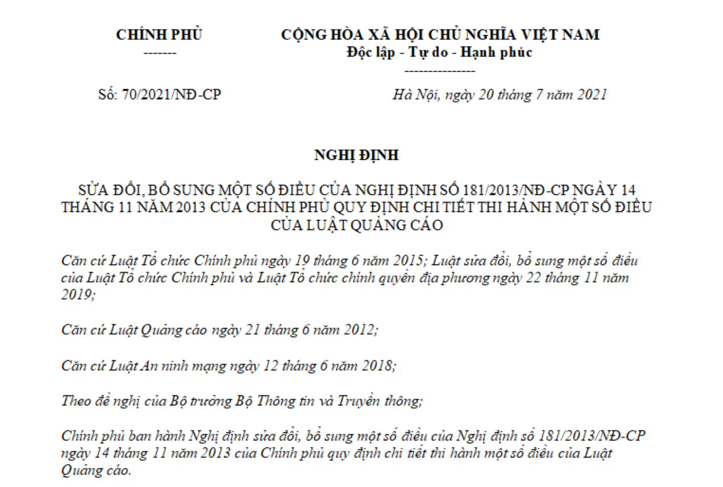 Nghị định 70/2021/NĐ-CP ban hành ngày 20/07/2021