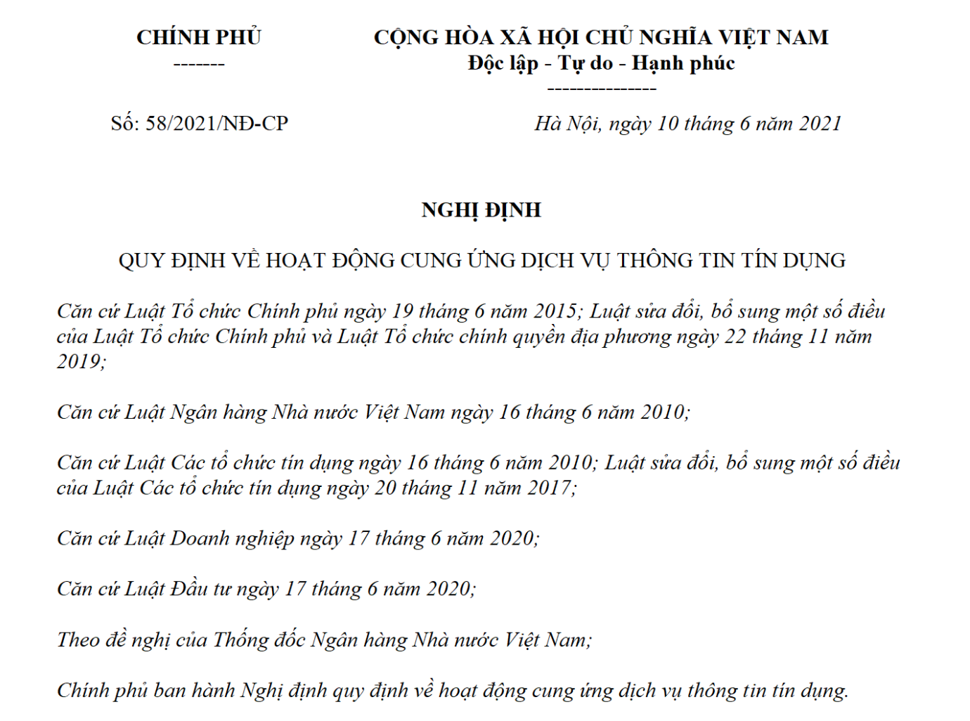 Nghị định 58/2021/NĐ-CP quy định về hoạt động cung ứng dịch vụ thông tin tín dụng