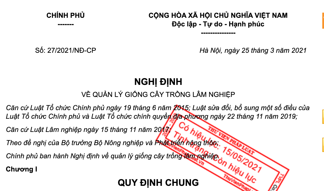 Nghị định 27/2021/NĐ-CP về quản lý giống cây trồng lâm nghiệp