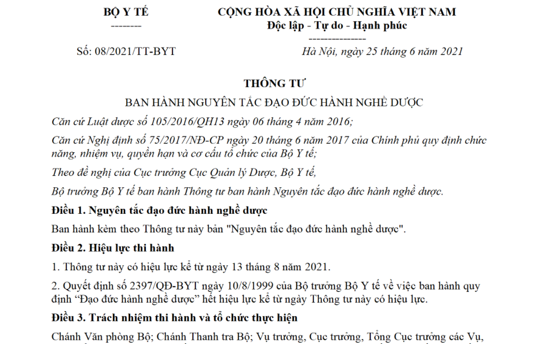 nguyên tắc đạo đức hành nghề dược do Bộ trưởng Bộ Y tế