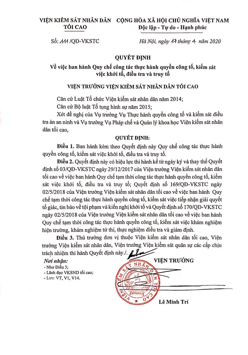 Quyết định 111/QĐ-VKSTC ngày 17 tháng 04 năm 2020
