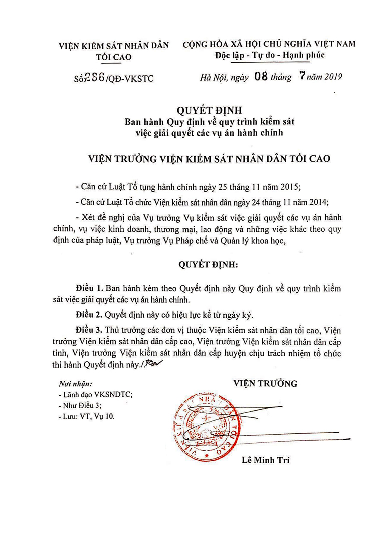 Quyết định 286/QĐ-VKSTC quy định về quy trình kiểm sát việc giải quyết các vụ án hành chính