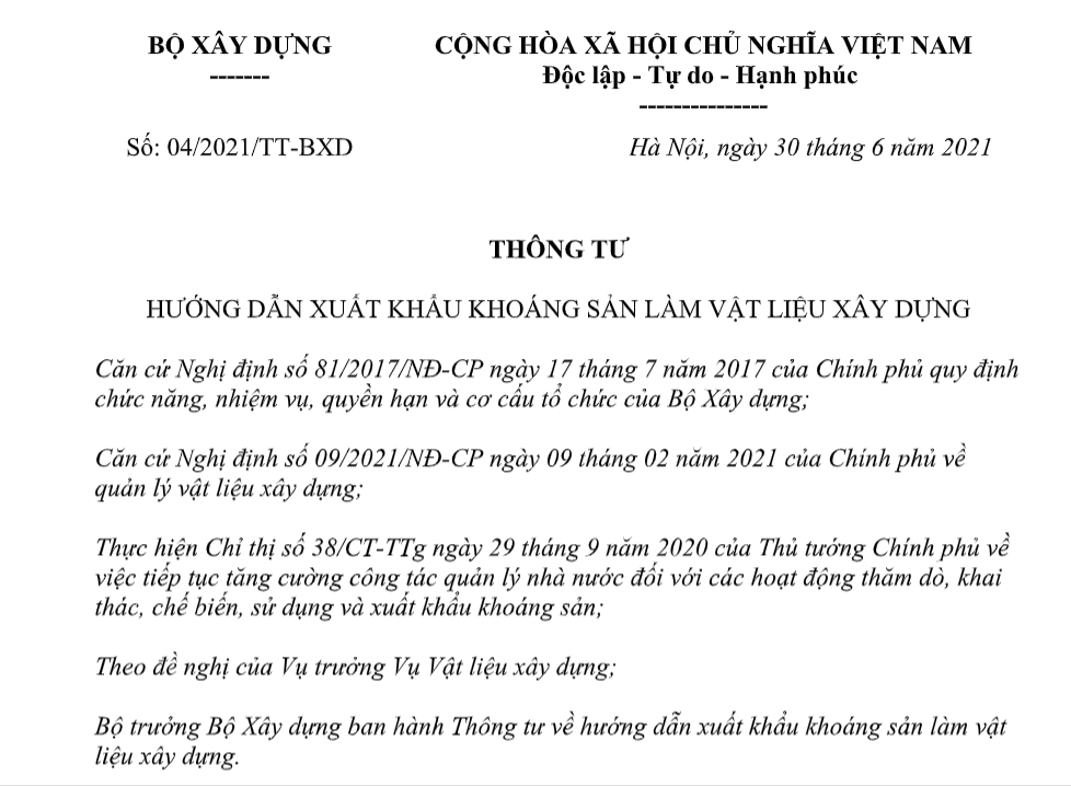 Thông tư 04/2021/TT-BXD hướng dẫn xuất khẩu khoáng sản làm vật liệu xây dựng