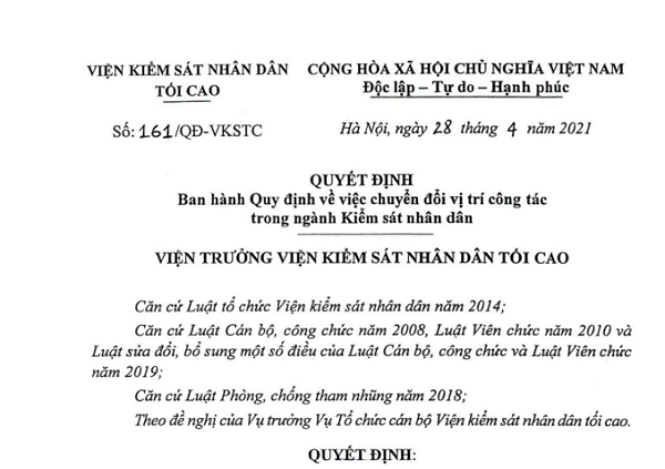 Quyết định 161/QĐ-VKSTC năm 2021 của Viện kiểm sát tối cao