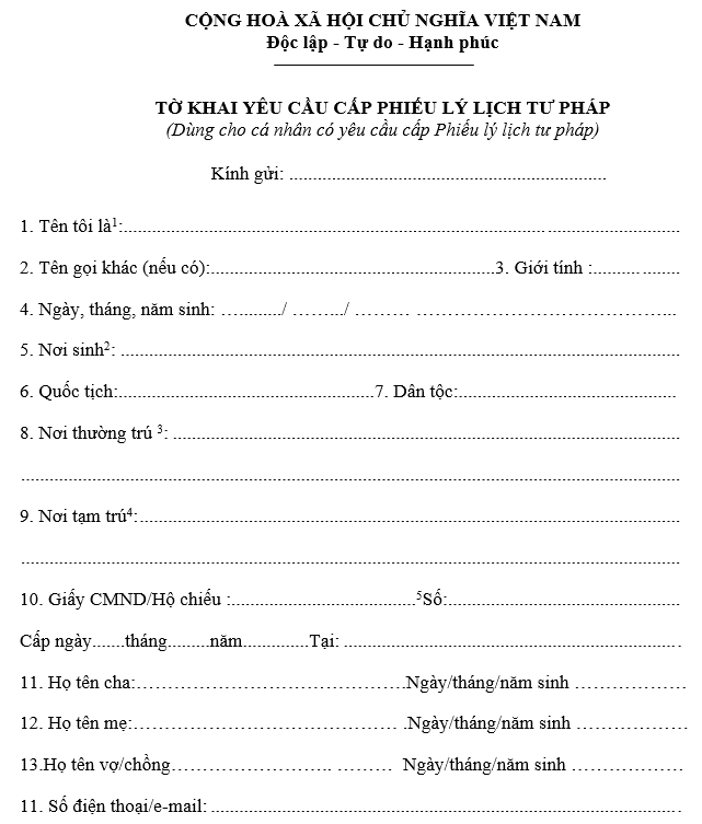 Tờ khai yêu cầu cấp phiếu lý lịch tư pháp mới nhất năm 2022