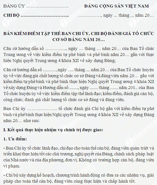 Báo cáo kiểm điểm cấp ủy chi bộ năm 2018 -Tải xuống mẫu báo cáo