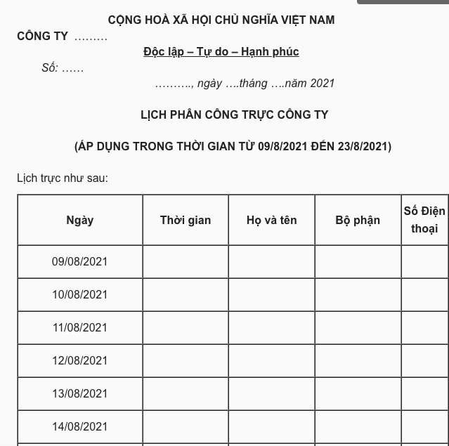 Mẫu phân công lịch làm việc mới theo quy định