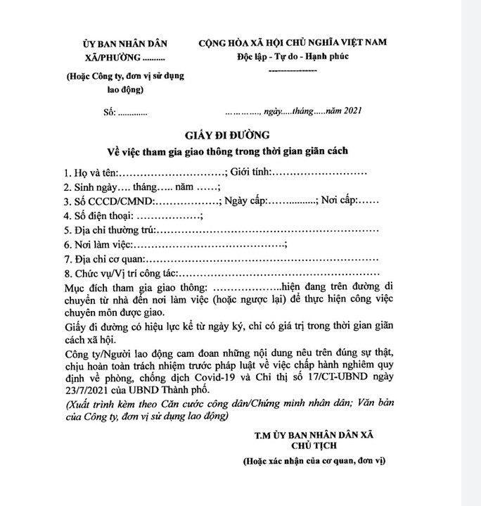 Mẫu thông hành qua chốt kiểm dịch mới nhất hiện nay