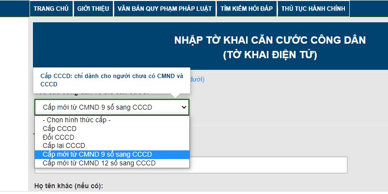 Tờ khai làm Căn cước công dân online