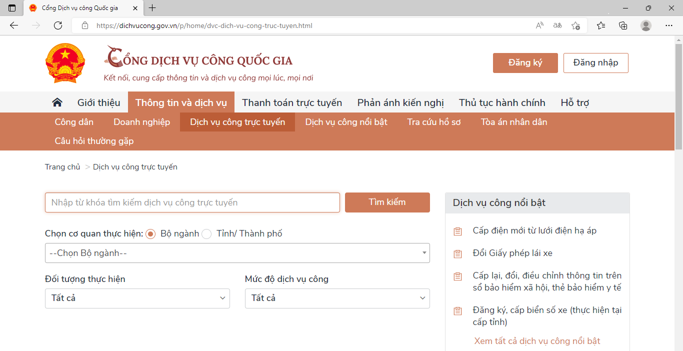 Cách đăng ký dịch vụ công trực tuyến