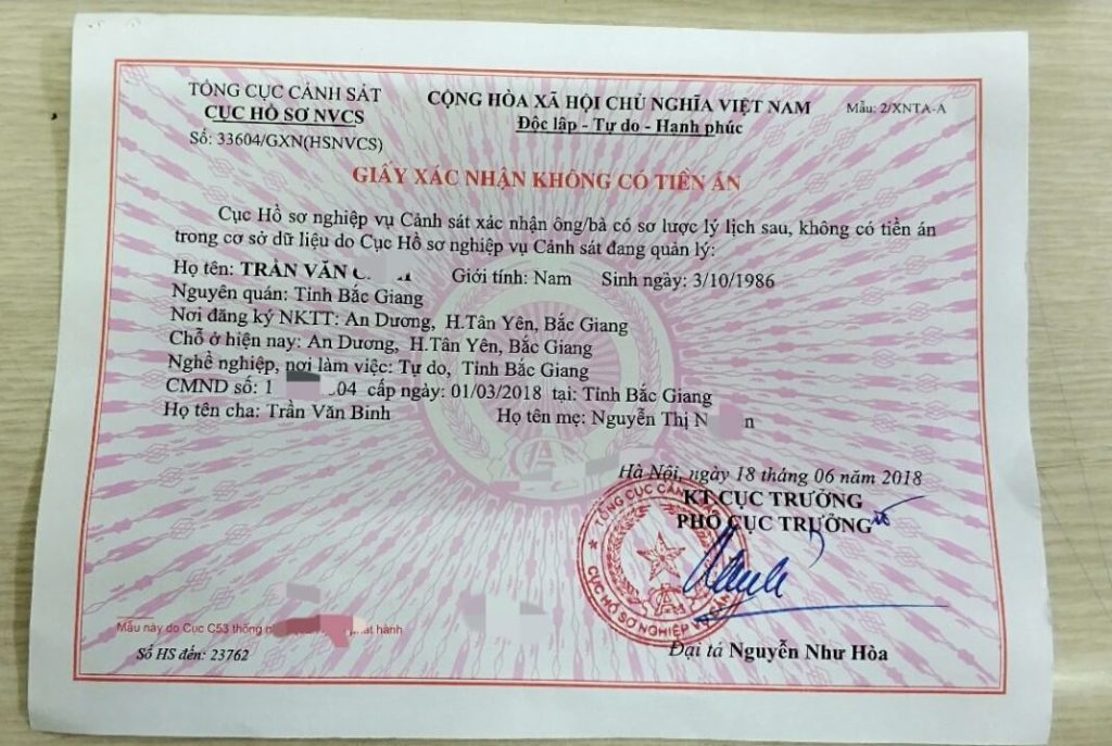 Hướng dẫn thủ tục xin xác nhận không có tiền án tiền sự