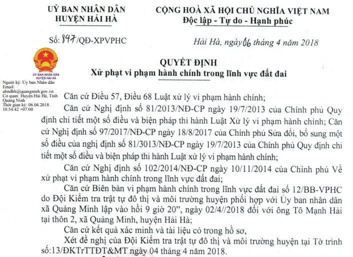 Mẫu quyết định xử phạt vi phạm hành chính trong lĩnh vực đất đai