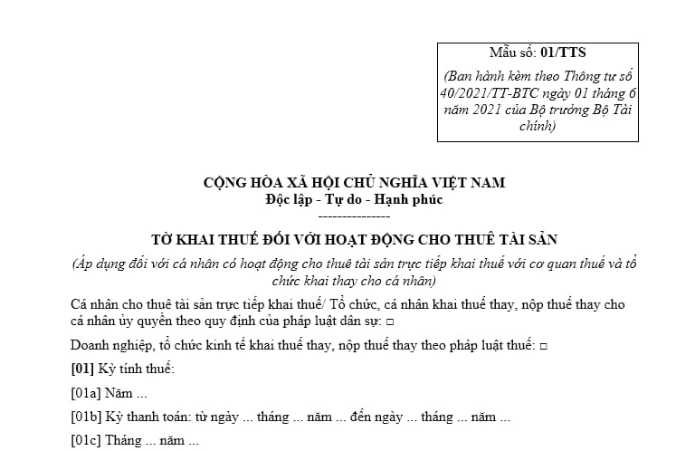 Mẫu tờ khai thuế đối với hoạt động cho thuê tài sản