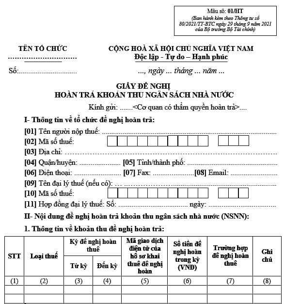 Mẫu công văn hoàn thuế GTGT hàng xuất khẩu