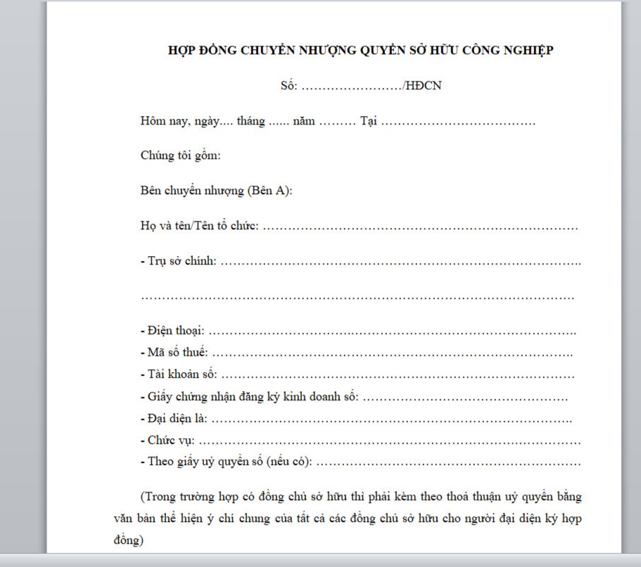 Mẫu hợp đồng chuyển nhượng quyền sở hữu công nghiệp