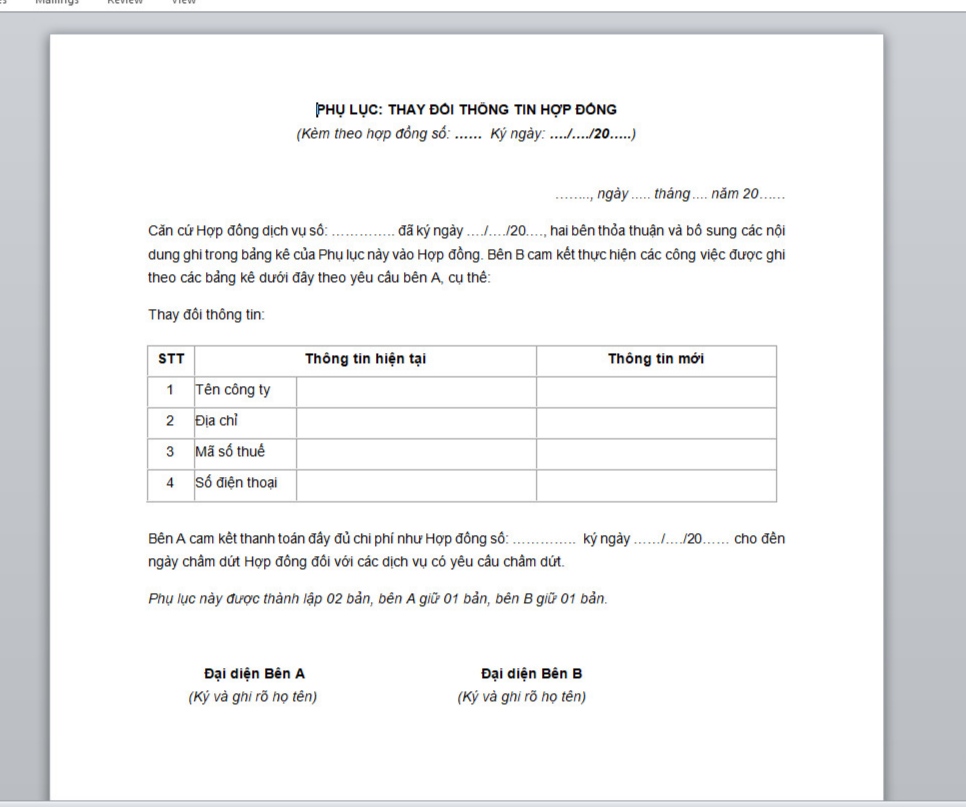 Mẫu phụ lục hợp đồng thay đổi Giám đốc