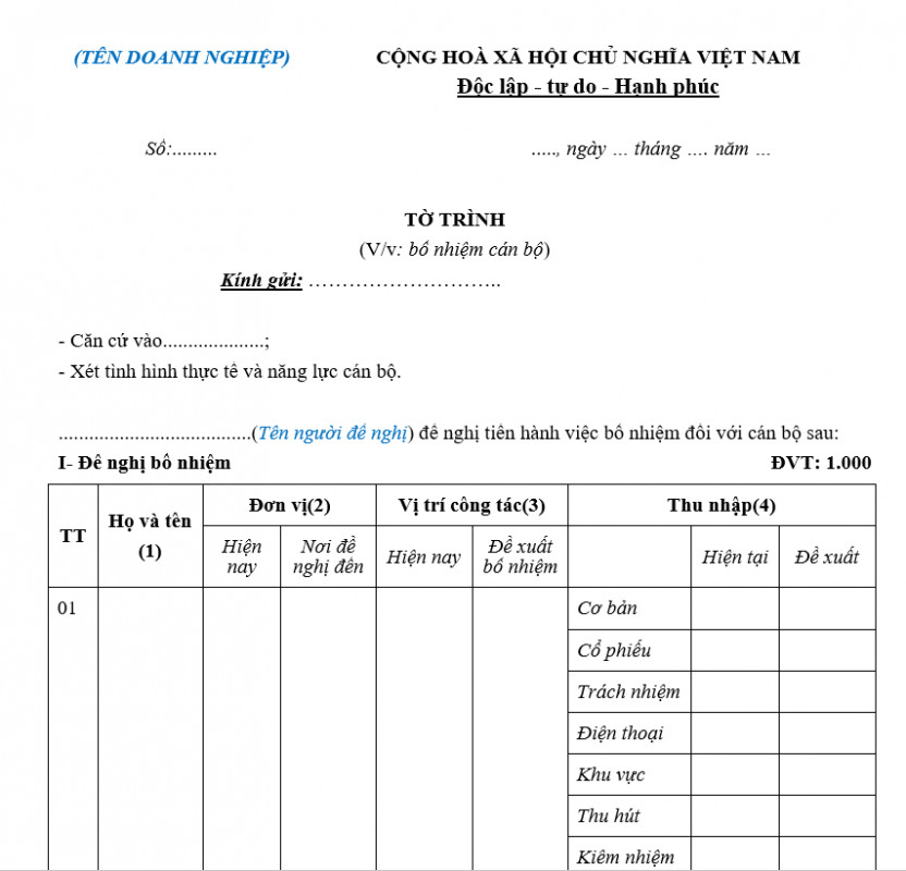 Tải xuống mẫu tờ trình bổ nhiệm cán bộ mới năm 2023