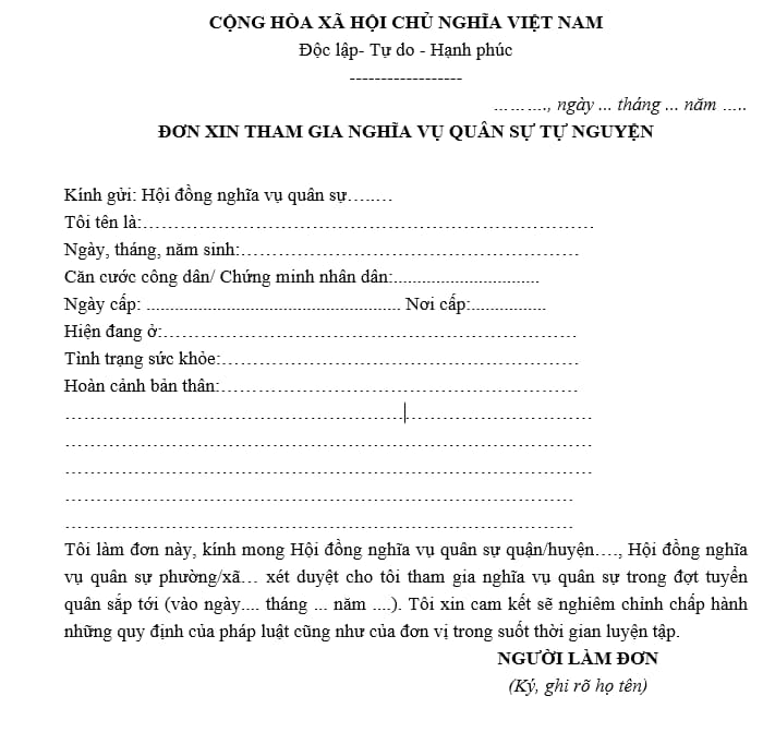 Cách viết đơn xin đi nghĩa vụ quân sự tự nguyện mới năm 2023