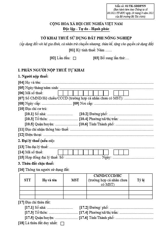 Mẫu tờ khai thuế sử dụng đất nông nghiệp mới năm 2023
