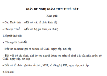 Mẫu giấy đề nghị giảm tiền thuê đất mới năm 2023