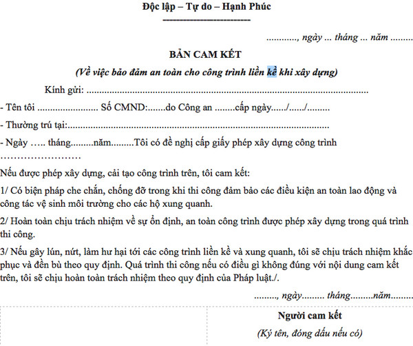 Mẫu cam kết an toàn thi công mới năm 2023