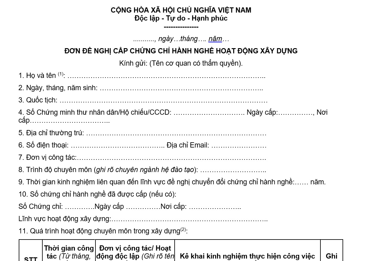 Đơn đề nghị cấp chứng chỉ hành nghề xây dựng